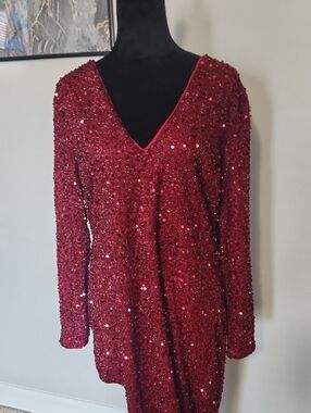 Sparkling Burgundy Sequin Long-Sleeve V-Neck Dress